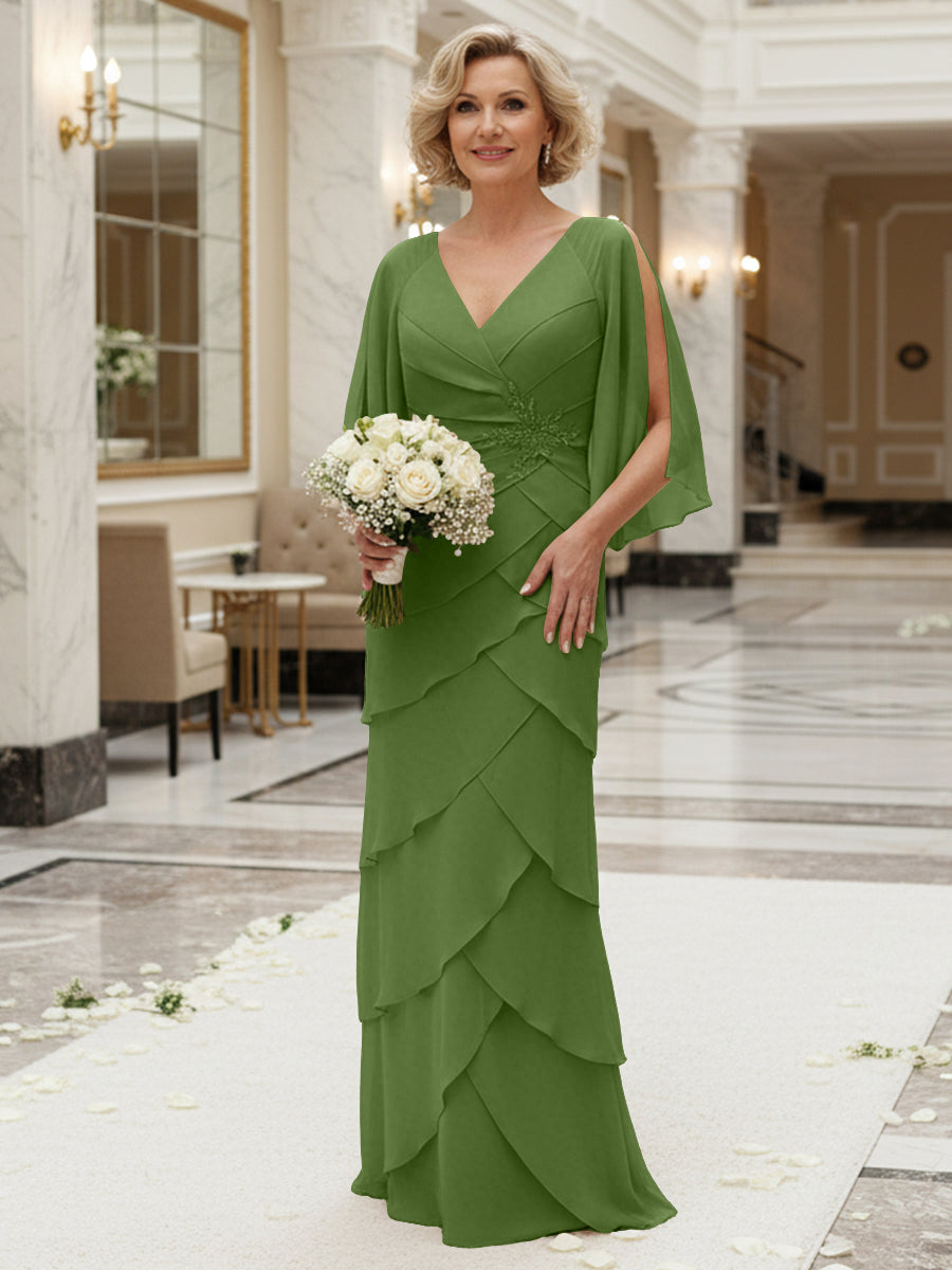 Sheath/Column V Neck Tiered Floor-Length Mother of the Bride Dresses with Lace Applique