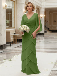 Sheath/Column V Neck Tiered Floor-Length Mother of the Bride Dresses with Lace Applique