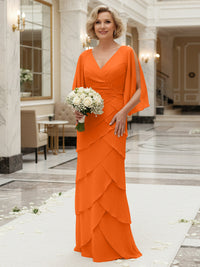 Sheath/Column V Neck Tiered Floor-Length Mother of the Bride Dresses with Lace Applique
