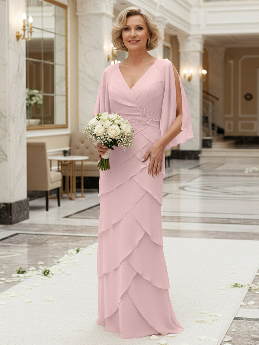 Sheath/Column V Neck Tiered Floor-Length Mother of the Bride Dresses with Lace Applique