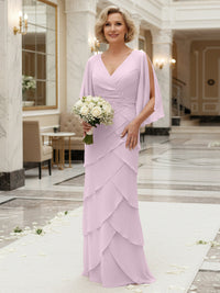 Sheath/Column V Neck Tiered Floor-Length Mother of the Bride Dresses with Lace Applique