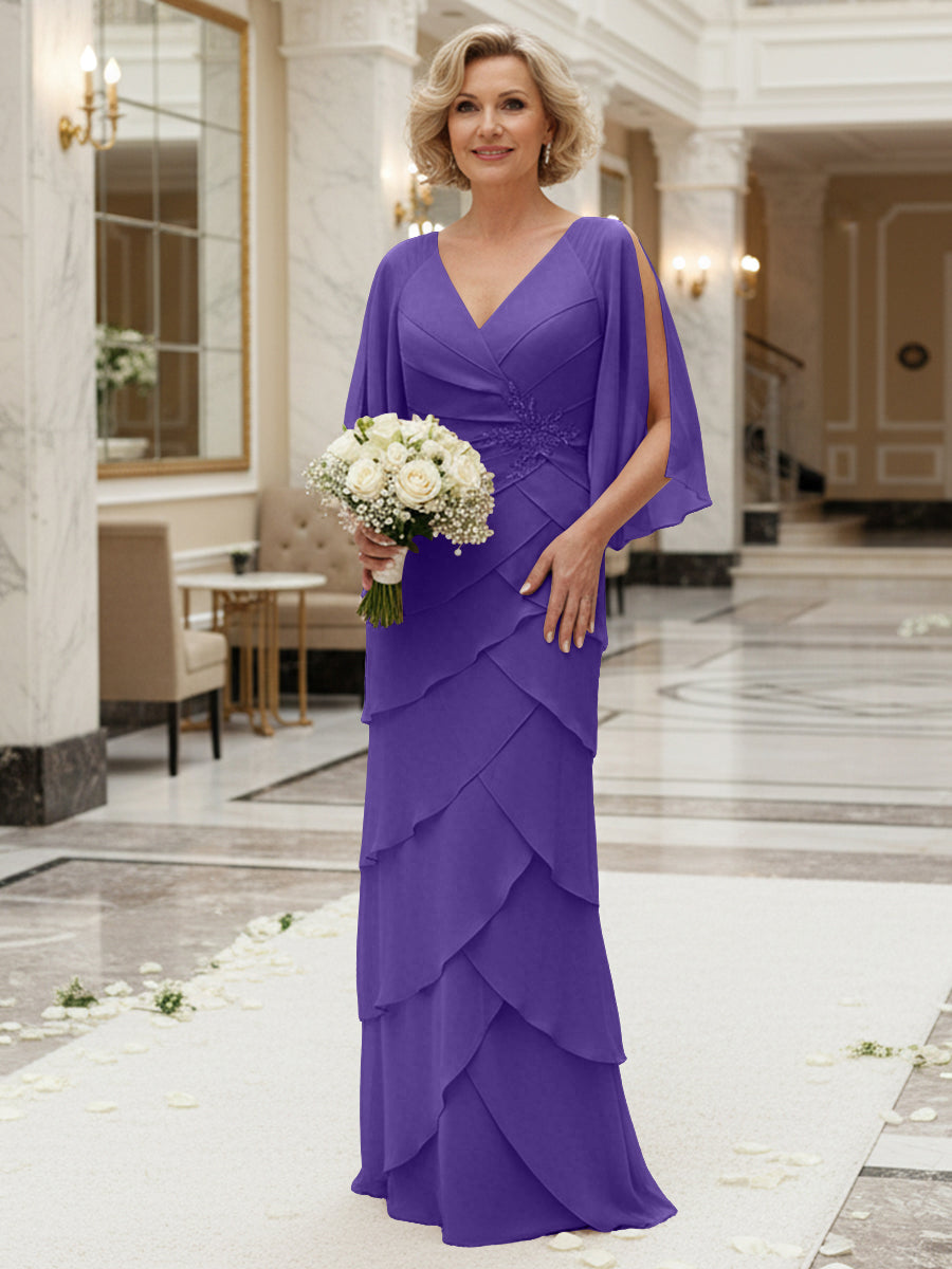 Sheath/Column V Neck Tiered Floor-Length Mother of the Bride Dresses with Lace Applique