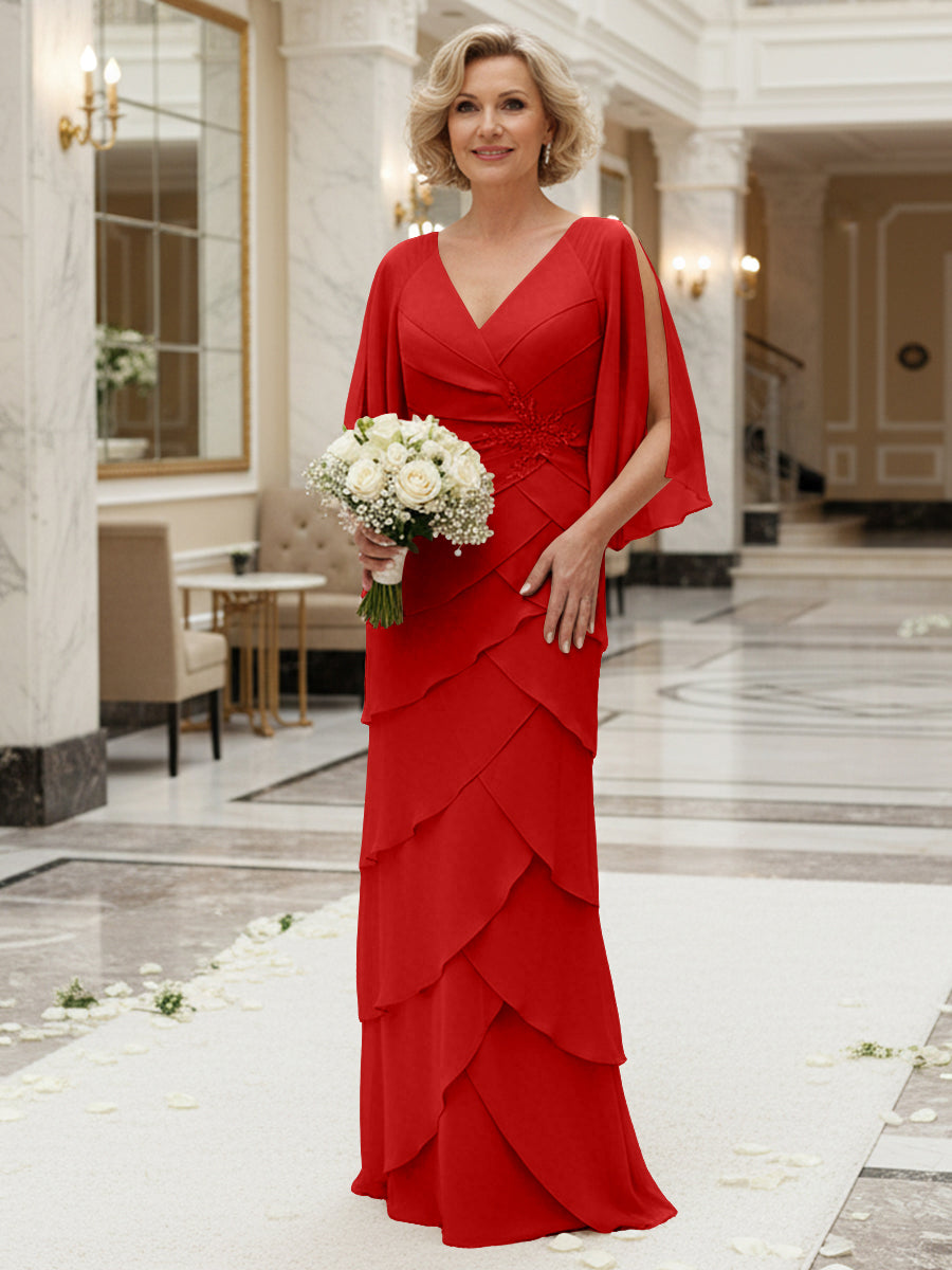 Sheath/Column V Neck Tiered Floor-Length Mother of the Bride Dresses with Lace Applique