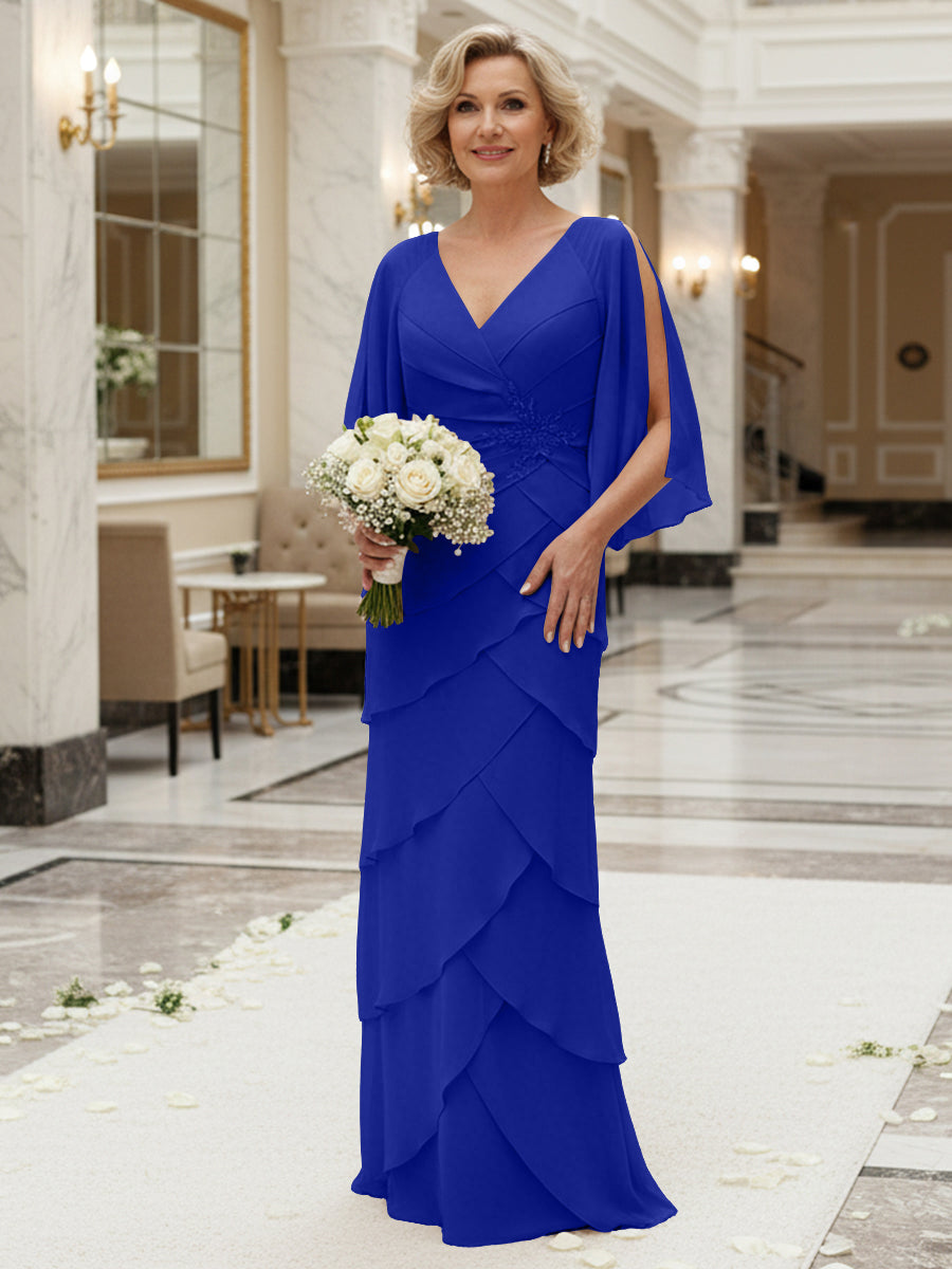 Sheath/Column V Neck Tiered Floor-Length Mother of the Bride Dresses with Lace Applique
