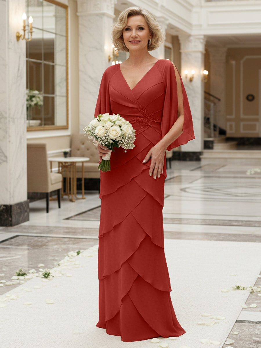 Sheath/Column V Neck Tiered Floor-Length Mother of the Bride Dresses with Lace Applique