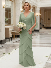Sheath/Column V Neck Tiered Floor-Length Mother of the Bride Dresses with Lace Applique