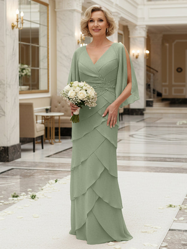 Sheath/Column V Neck Tiered Floor-Length Mother of the Bride Dresses with Lace Applique