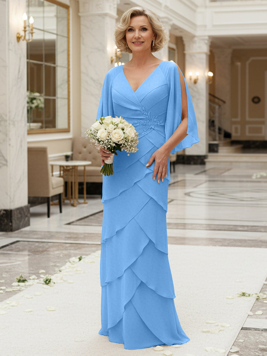 Sheath/Column V Neck Tiered Floor-Length Mother of the Bride Dresses with Lace Applique