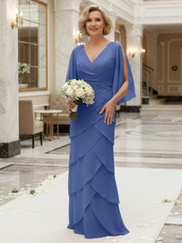 Sheath/Column V Neck Tiered Floor-Length Mother of the Bride Dresses with Lace Applique