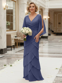 Sheath/Column V Neck Tiered Floor-Length Mother of the Bride Dresses with Lace Applique