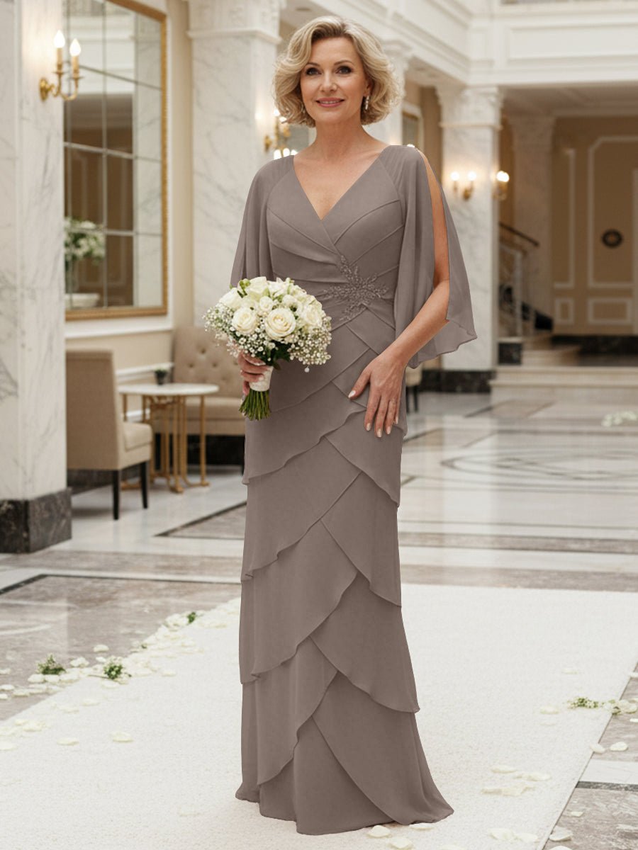 Sheath/Column V Neck Tiered Floor-Length Mother of the Bride Dresses with Lace Applique