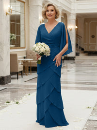 Sheath/Column V Neck Tiered Floor-Length Mother of the Bride Dresses with Lace Applique