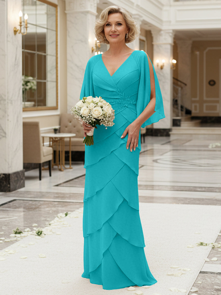 Sheath/Column V Neck Tiered Floor-Length Mother of the Bride Dresses with Lace Applique
