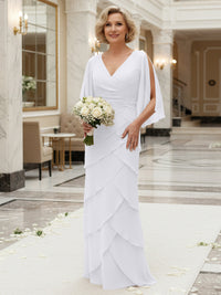 Sheath/Column V Neck Tiered Floor-Length Mother of the Bride Dresses with Lace Applique