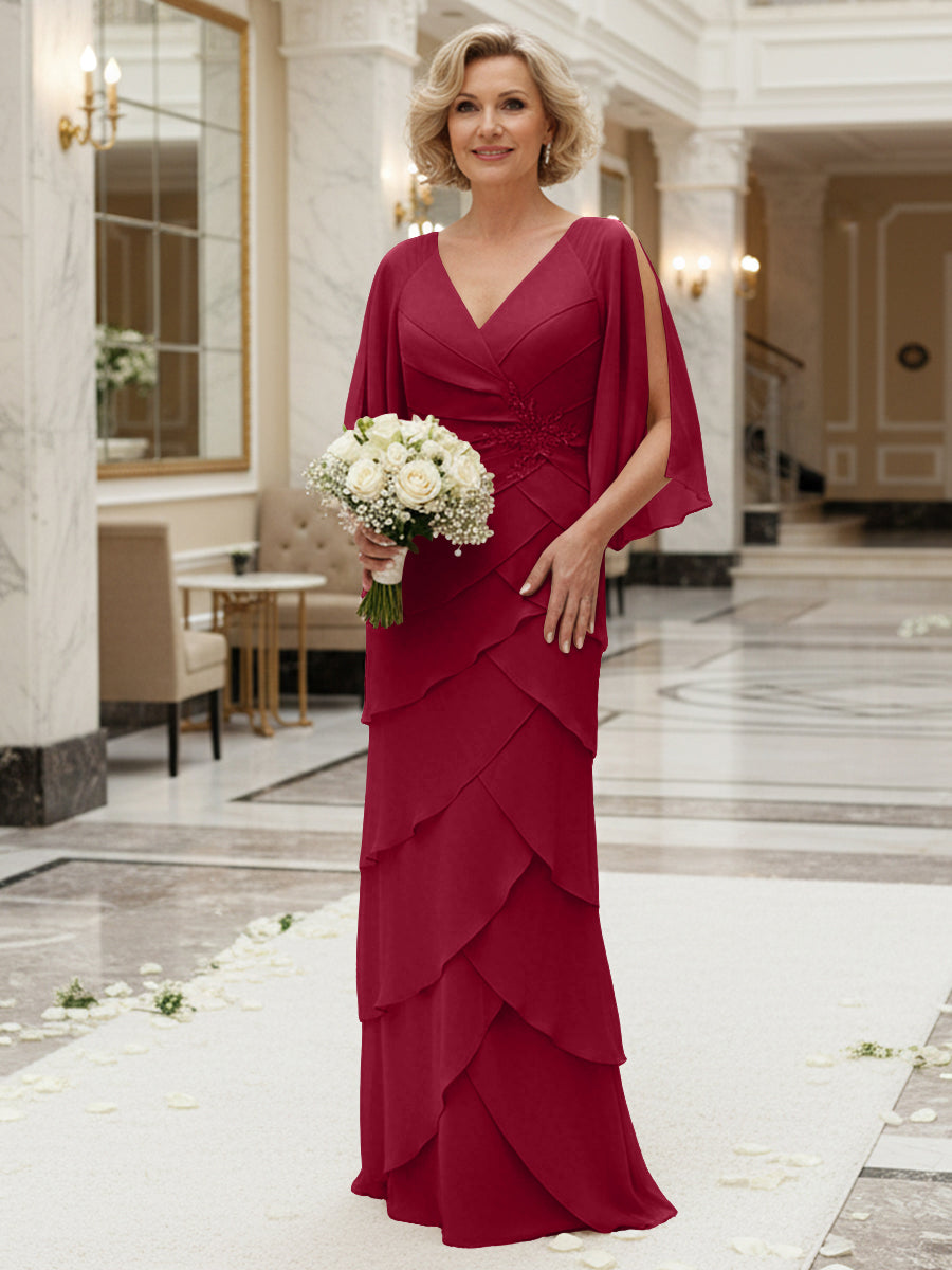 Sheath/Column V Neck Tiered Floor-Length Mother of the Bride Dresses with Lace Applique