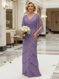 Sheath/Column V Neck Tiered Floor-Length Mother of the Bride Dresses with Lace Applique