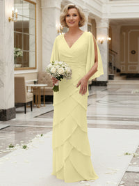 Sheath/Column V Neck Tiered Floor-Length Mother of the Bride Dresses with Lace Applique