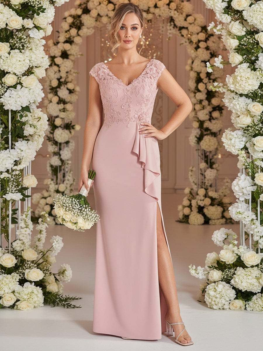 A-Line/Princess V Neck Lace Applique Floor-Length Mother of the Bride Dresses with Ruffle