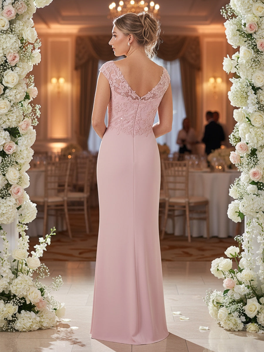A-Line/Princess V Neck Lace Applique Floor-Length Mother of the Bride Dresses with Ruffle