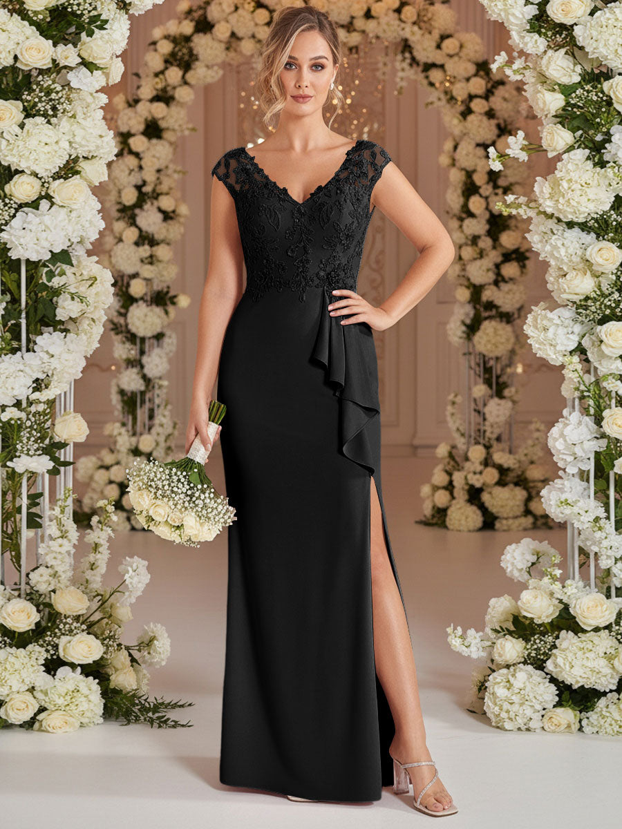 A-Line/Princess V Neck Lace Applique Floor-Length Mother of the Bride Dresses with Ruffle
