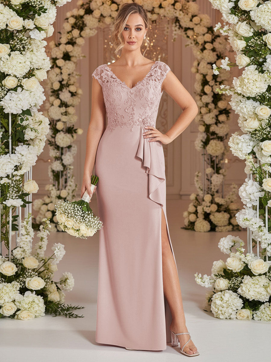 A-Line/Princess V Neck Lace Applique Floor-Length Mother of the Bride Dresses with Ruffle