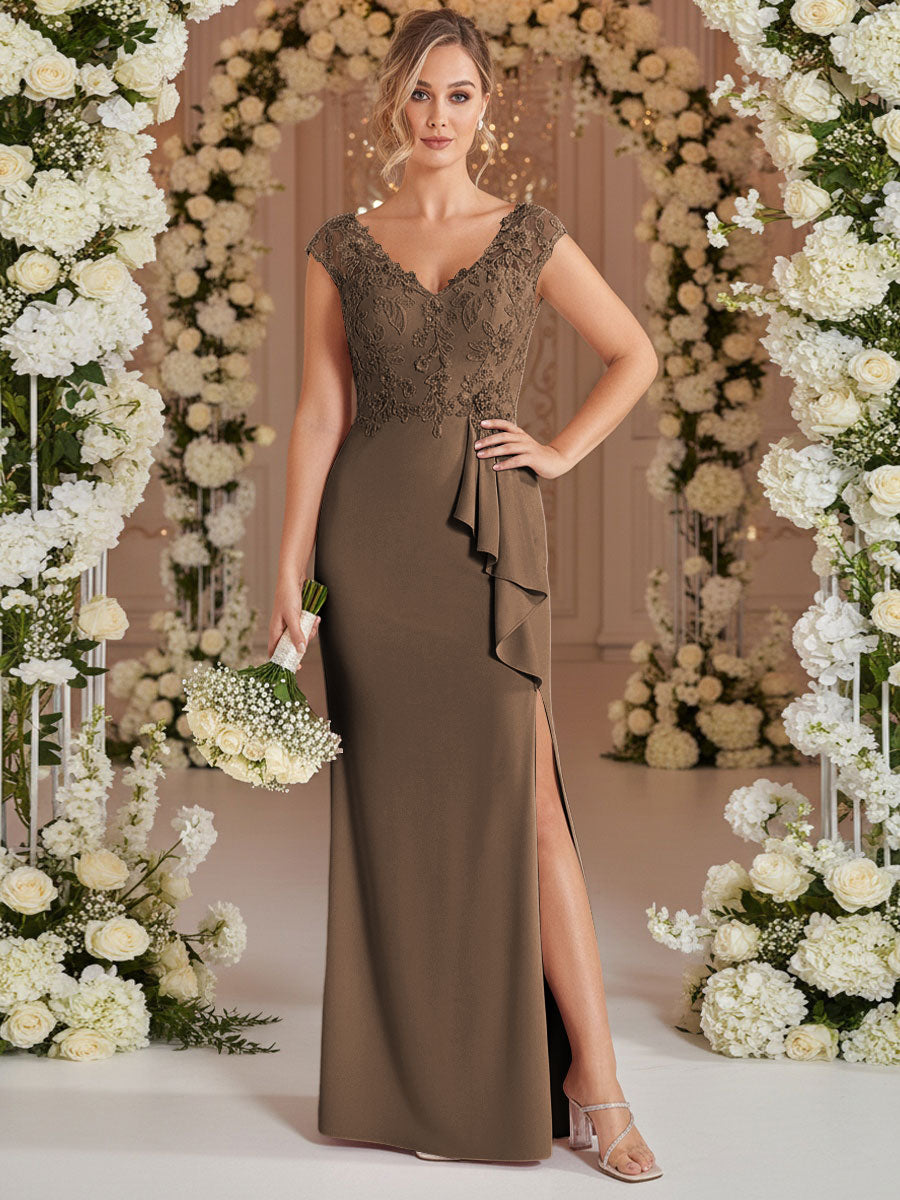A-Line/Princess V Neck Lace Applique Floor-Length Mother of the Bride Dresses with Ruffle
