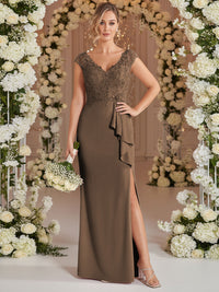 A-Line/Princess V Neck Lace Applique Floor-Length Mother of the Bride Dresses with Ruffle