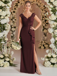 A-Line/Princess V Neck Lace Applique Floor-Length Mother of the Bride Dresses with Ruffle