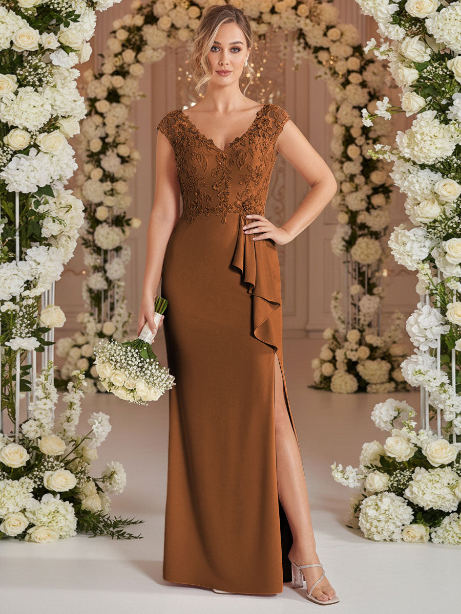 A-Line/Princess V Neck Lace Applique Floor-Length Mother of the Bride Dresses with Ruffle