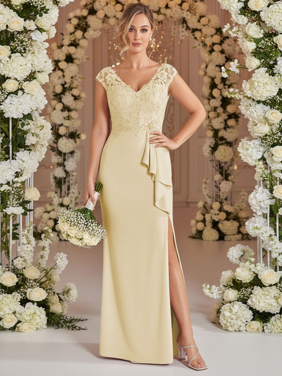 A-Line/Princess V Neck Lace Applique Floor-Length Mother of the Bride Dresses with Ruffle