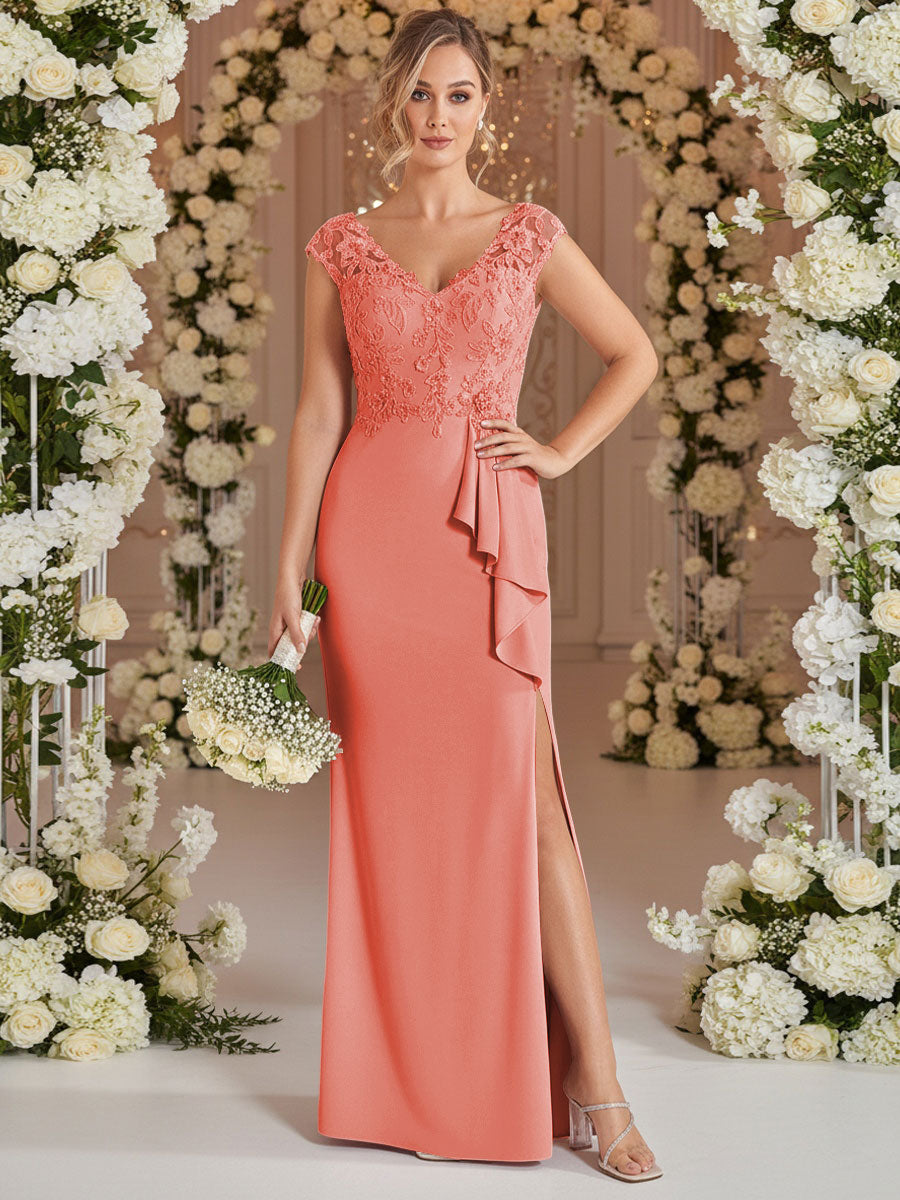 A-Line/Princess V Neck Lace Applique Floor-Length Mother of the Bride Dresses with Ruffle