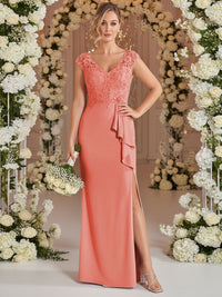 A-Line/Princess V Neck Lace Applique Floor-Length Mother of the Bride Dresses with Ruffle