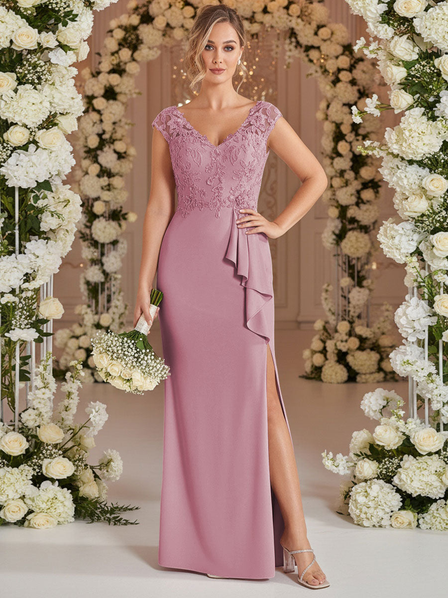 A-Line/Princess V Neck Lace Applique Floor-Length Mother of the Bride Dresses with Ruffle