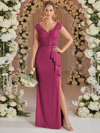 A-Line/Princess V Neck Lace Applique Floor-Length Mother of the Bride Dresses with Ruffle