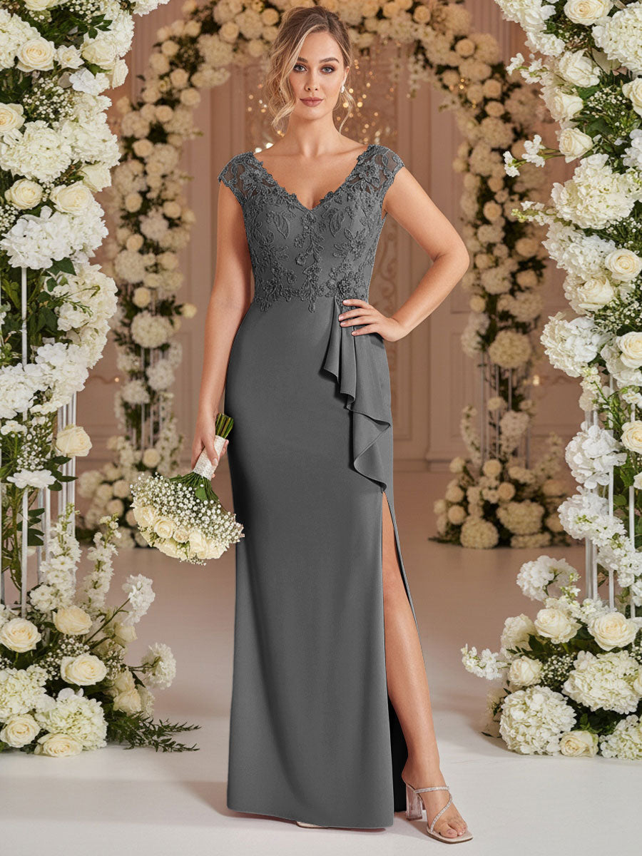 A-Line/Princess V Neck Lace Applique Floor-Length Mother of the Bride Dresses with Ruffle