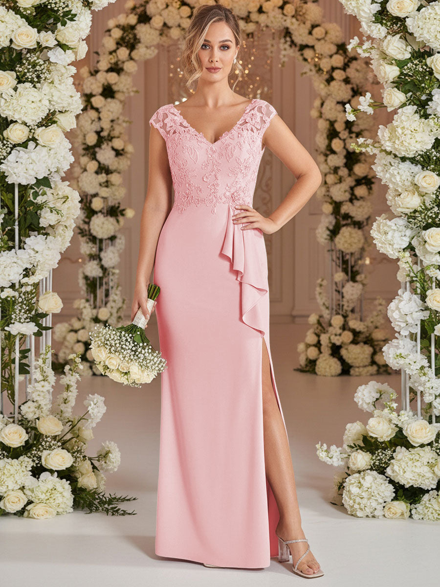 A-Line/Princess V Neck Lace Applique Floor-Length Mother of the Bride Dresses with Ruffle