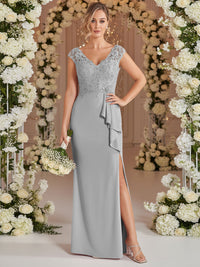 A-Line/Princess V Neck Lace Applique Floor-Length Mother of the Bride Dresses with Ruffle