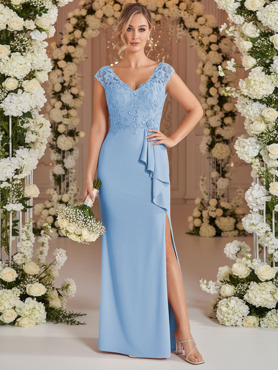 A-Line/Princess V Neck Lace Applique Floor-Length Mother of the Bride Dresses with Ruffle