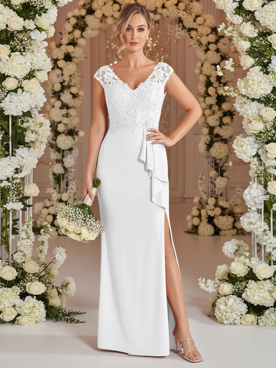 A-Line/Princess V Neck Lace Applique Floor-Length Mother of the Bride Dresses with Ruffle