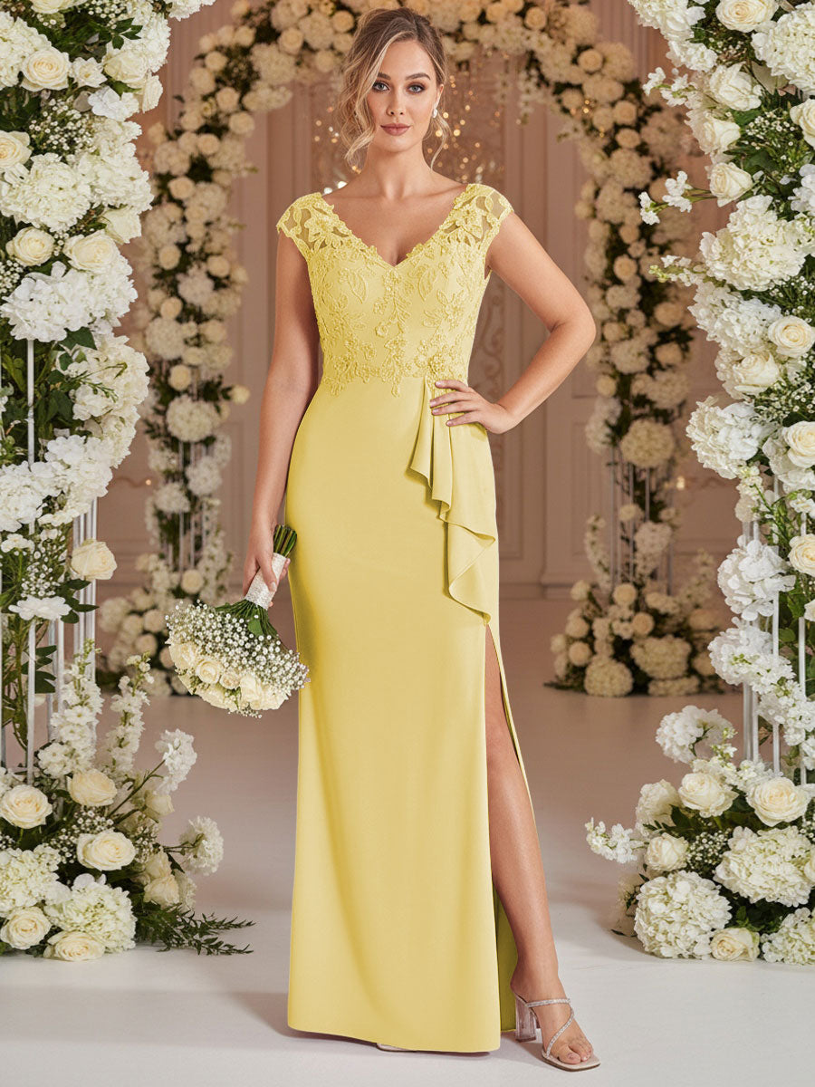 A-Line/Princess V Neck Lace Applique Floor-Length Mother of the Bride Dresses with Ruffle