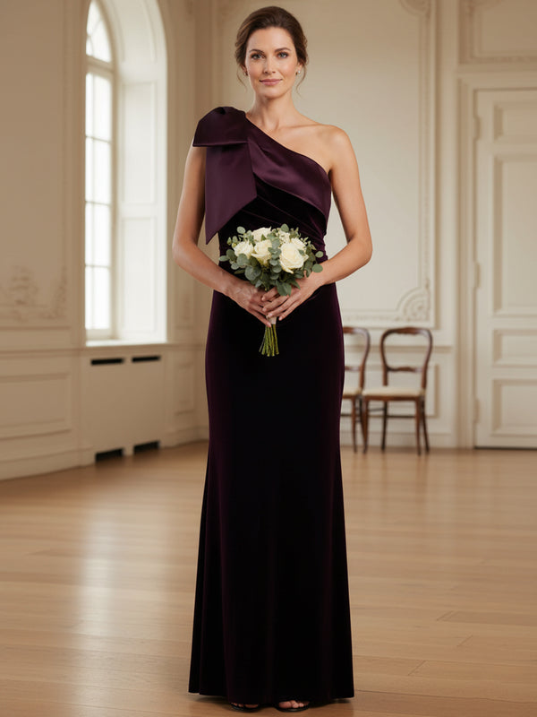 Sheath/Column One Shoulder Velvet Floor-Length Formal Mother of the Bride Dresses with Bow