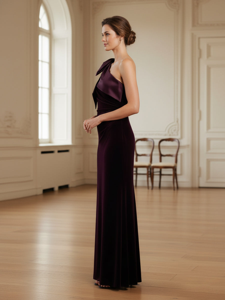 Sheath/Column One Shoulder Velvet Floor-Length Formal Mother of the Bride Dresses with Bow