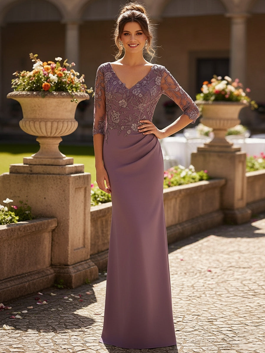 Sheath/Column V Neck 3/4 Sleeves Floor-Length Mother of the Bride Dresses with Lace Applique