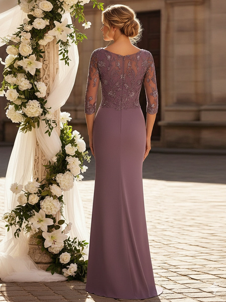 Sheath/Column V Neck 3/4 Sleeves Floor-Length Mother of the Bride Dresses with Lace Applique