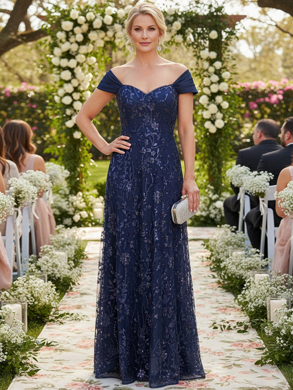 A-Line/Princess Short Sleeves Sequin Floor-Length Mother of the Bride Dresses