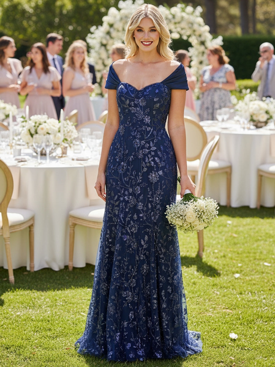A-Line/Princess Short Sleeves Sequin Floor-Length Mother of the Bride Dresses