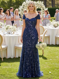 A-Line/Princess Short Sleeves Sequin Floor-Length Mother of the Bride Dresses