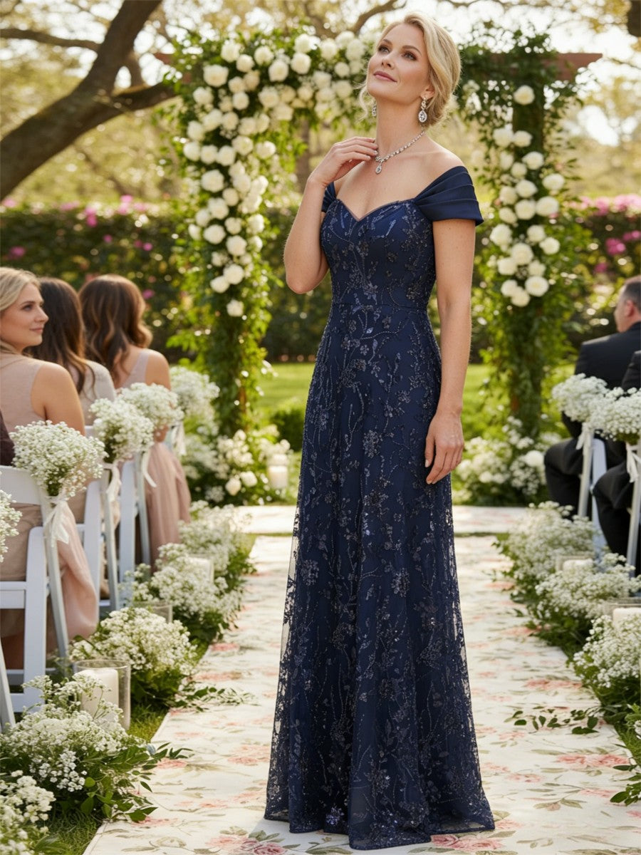 A-Line/Princess Short Sleeves Sequin Floor-Length Mother of the Bride Dresses