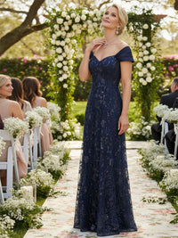 A-Line/Princess Short Sleeves Sequin Floor-Length Mother of the Bride Dresses