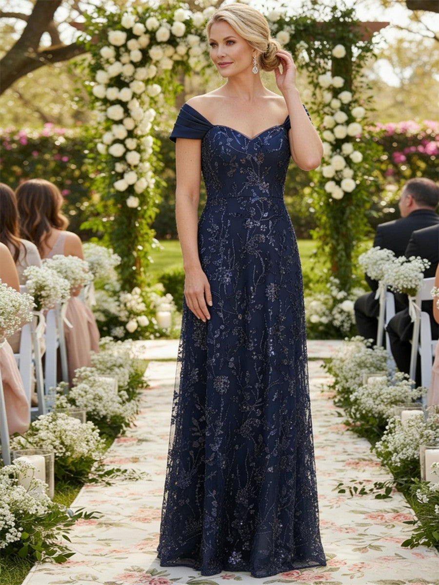 A-Line/Princess Short Sleeves Sequin Floor-Length Mother of the Bride Dresses